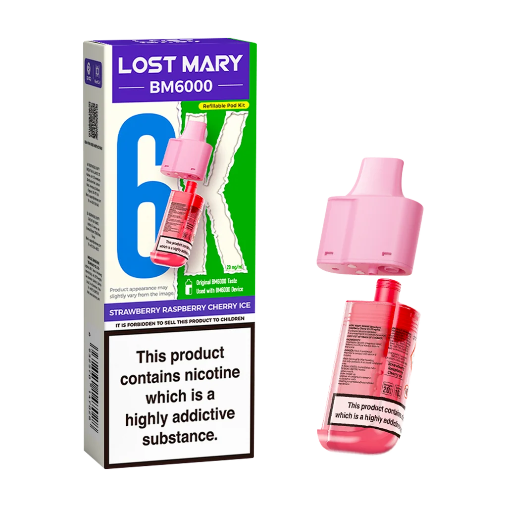 STRAWBERRY RASPBERRY CHERRY ICE UK BM6000 POD LOST MARY - 5 Pack