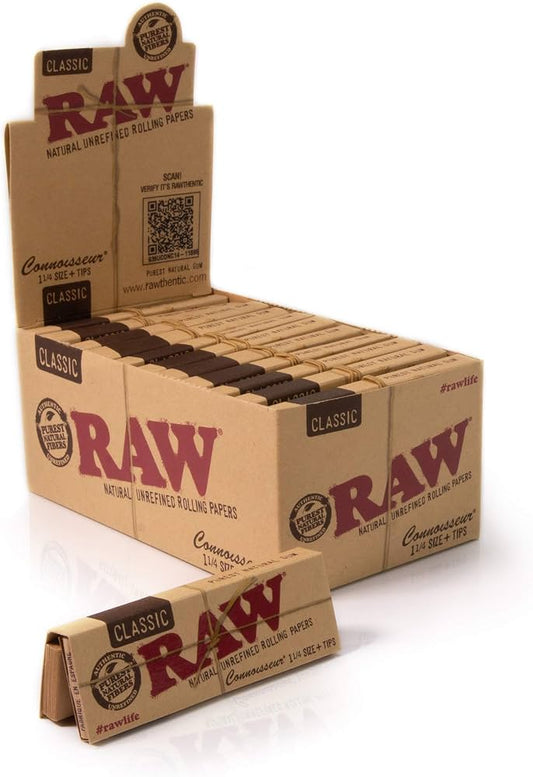 CONNOSSEUR - 1 ¼ SIZE + TIPS - ROLLING PAPER - RAW - 24 Pack